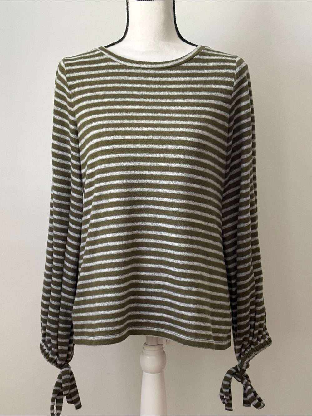 a.n.a. Striped Olive & White Tie-Sleeve Top - Women's